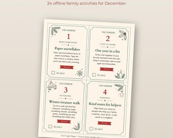 May include: A printable Screen-Free Advent Calendar sheet featuring 24 offline family activities for December. The page displays four rectangular cards for December 1 through 4, each with festive illustrations, activity instructions, and a We did it checkbox.