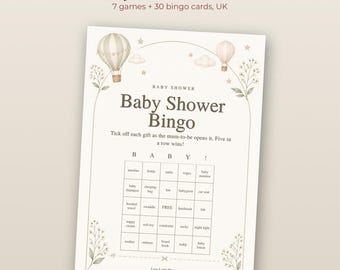 May include: A printable Baby Shower Bingo game card featuring a hot air balloon illustration, floral accents, and a 5x5 grid with baby-themed items. The text reads Baby Shower Bingo, Tick off each gift as the mum-to-be opens it.