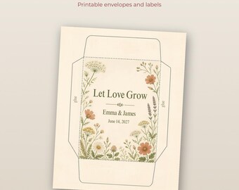 May include: A printable seed packet envelope template featuring the text Let Love Grow, Emma & James, and June 14, 2027. The design includes a floral border with muted orange, yellow, and green wildflowers on a cream background with glue tabs.