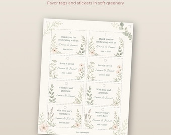 May include: A sheet of eight rectangular wedding favor tags featuring botanical illustrations of green leaves and small pink flowers. The text includes Thank you for celebrating with us, Love is sweet, With love and gratitude, and Our love story starts here, all personalized with Emma & James and June 14, 2027.