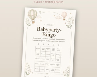May include: A printable baby shower bingo game card featuring a grid with German text, decorated with illustrations of two hot air balloons, clouds, stars, and floral sprigs. The header reads Babyparty-Bingo with instructions below.