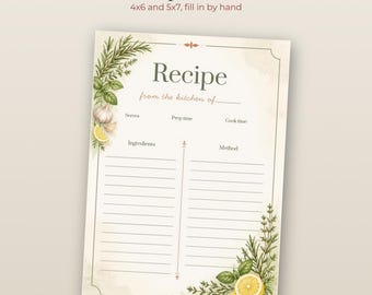 May include: A cream-colored recipe card featuring the text Recipe, from the kitchen of, Serves, Prep time, Cook time, Ingredients, and Method. It is decorated with watercolor illustrations of garlic, lemon slices, and green herbs.