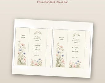 May include: Two rectangular chocolate bar wrappers with dashed cut lines, featuring floral illustrations, the text Love is sweet, Thank you for celebrating with us, Emma & James, and June 14, 2027. The header reads Chocolate Bar Wrappers Fits a standard 1.55 oz bar.