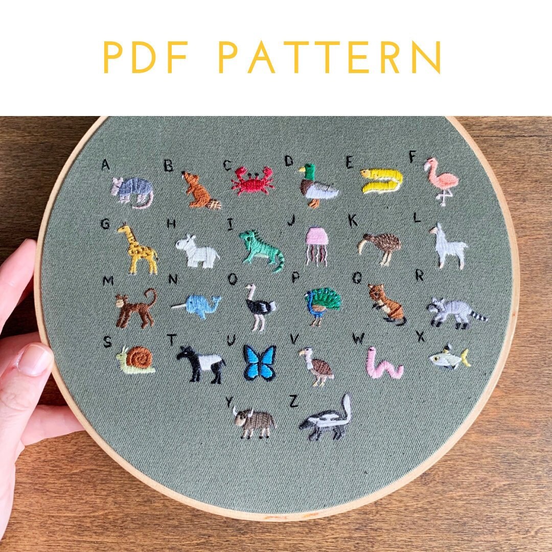 animal abc s alphabet hand embroidery pattern instant etsy