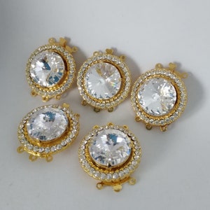 Vintage SET 5 x chiusura fermaglio per collana, a 3 fili, strass e rivoli swarovski, metallo dorato, terminale, collana, bianco, mod. 12