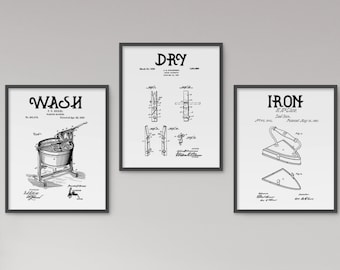 Wash, Dry, Iron Laundry Room Decor,Set of 3 Prints,Patent Prints,Utility Room Signs,Laundry Room Art,Laundry Room Prints,Instant Download