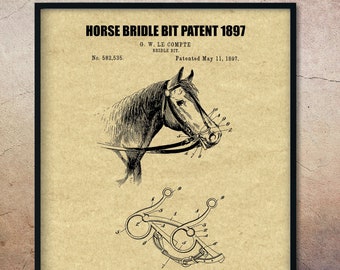 Vintage 1897 Horse Bridle Bit Patent Print, Equestrian Gifts, Equine, Horse Art, Horse Lovers Gifts, Patent Art, Equestrian Art, Equine Gift