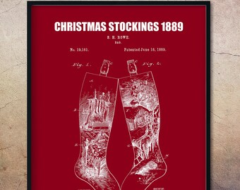 Vintage 1889 Christmas Stocking Patent Print, Xmas Decorations, Xmas Gifts, Christmas Decor, Xmas Stocking, Antique Decor, Patent Art, Xmas