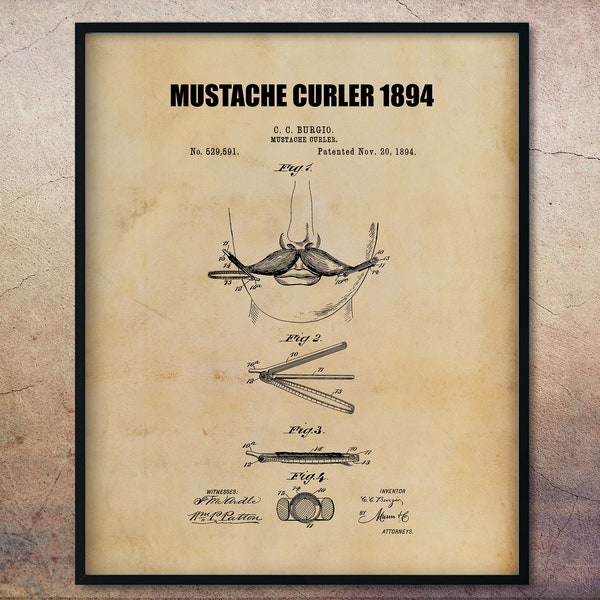 1894 Mustache Curler Patent Poster, Moustache, Facial Hair, Grooming Gifts, Bathroom Art, Mustache, Grooming, Mustache Gifts, Mustache Art