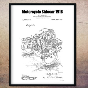 1918 Motorcycle Art Sidecar Patent Print, Motorcycle Gifts For Men, Industrial Decor, Motorcycle Gifts, Patent Art, Office Artwork, Patents
