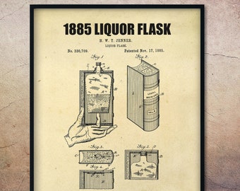 Victorian 1885 Liquor Flask Patent Drawing, Alcohol Prints, Drinks Wall Art, Liquor Gift, Alcohol Related Gifts, Liquor Decor, Alcohol Gifts