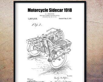 1918 Motorcycle Art Sidecar Patent Print, Motorcycle Gifts For Men, Industrial Decor, Motorcycle Gifts, Patent Art, Office Artwork, Patents