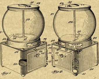 Vintage 1916 Coin Vending Gum Ball Machine,Gum Balls,Vending Machine,Gum Ball Machine Vintage,Technology Gift,Technology Artwork,Patent Art