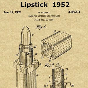 Puede incluir: Ilustración de patente vintage de un diseño de lápiz labial de 1952, con diagramas detallados del lápiz labial y su estuche. El dibujo incluye etiquetas y secciones transversales, con el título "Lipstick 1952" en la parte superior.