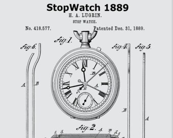 Vintage 1889 Stop Watch,Watch Art,Watch Gifts,Watch Illustration,Watch Print,Stop Watch Patent,Watch Patent Print,Antique Watch Artwork