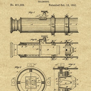 1891 Telescope Patent Print,Antique Telescope,Telescope Print,Telescope Blueprint,Telescope Wall Decor,Telescope Lens,Telescope Patent image 1