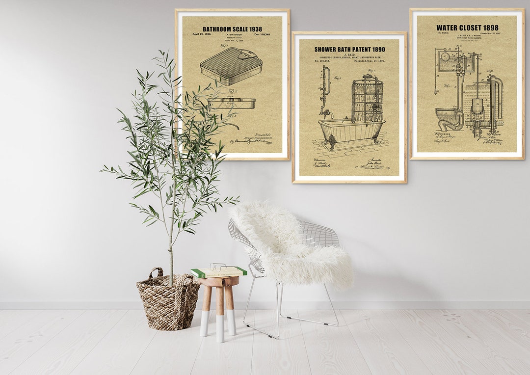 Bathroom Patent Artwork 1890-1898, Vintage Toilet Paper, Guest Bathroom Posters Set of 3, Toilet Wall Art