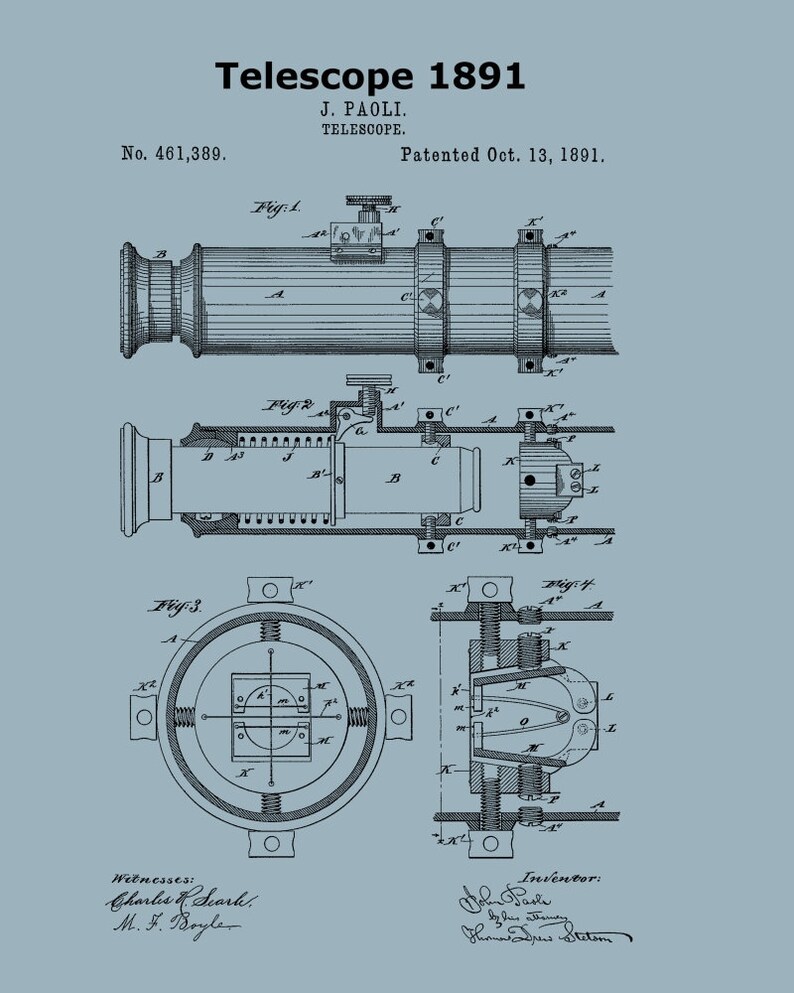 1891 Telescope Patent Print,Antique Telescope,Telescope Print,Telescope Blueprint,Telescope Wall Decor,Telescope Lens,Telescope Patent image 4