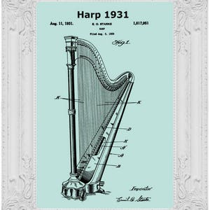 Vintage 1931 Harp Patent Print,Harp Design,Harp Wall Art,Harp Musical Instrument,Music Room Decor,Music Lover Gift,Music Print,Music Artwork
