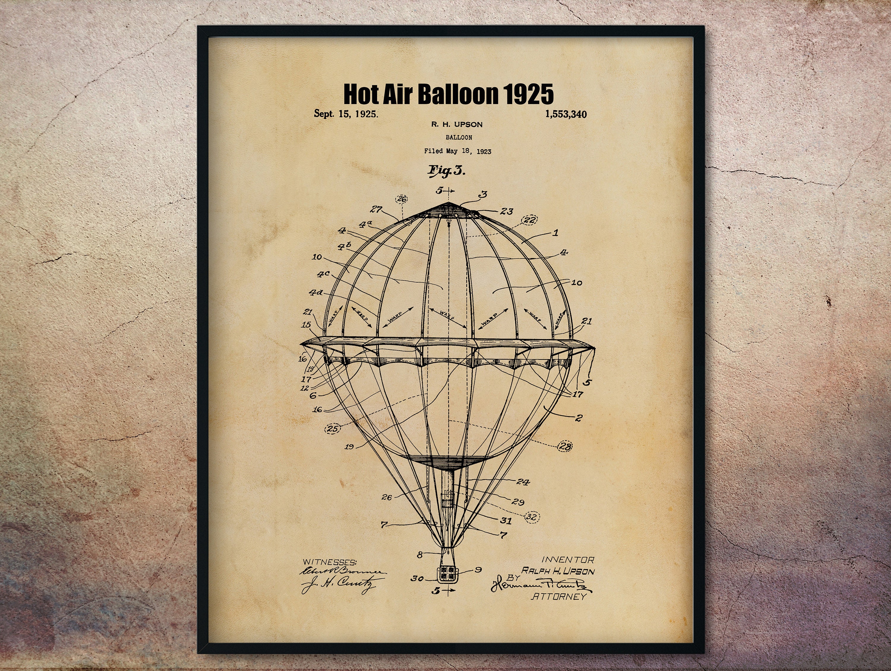 Impression de brevet de ballon à air chaud de 1925, décoration de ballon à air chaud, pépinière de ballon à air chaud, impression de ballon à air chau