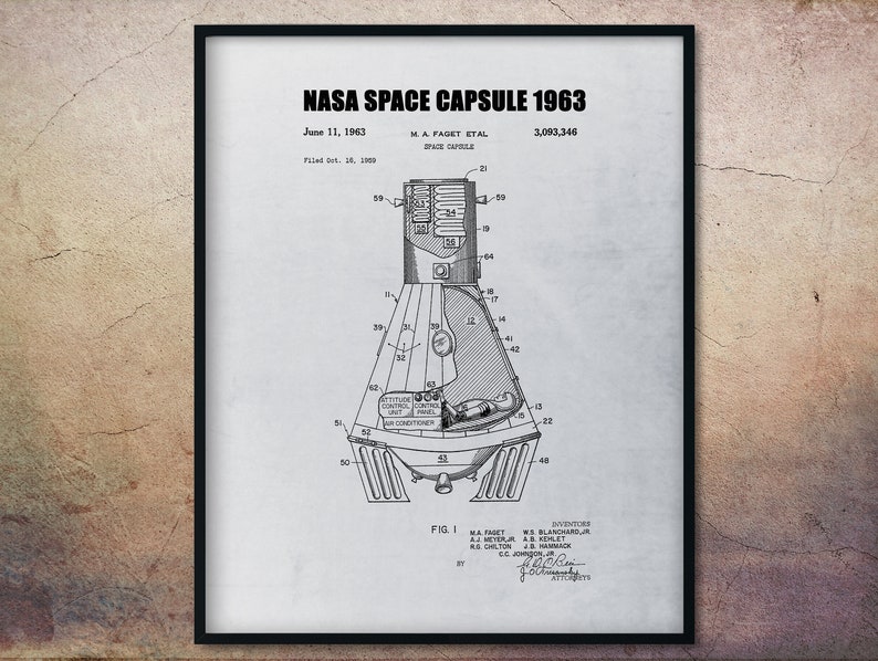 Original 1963 NASA Space Capsule,Space Print,Space Ship Print,Space Themed Gift,Space Art,Space Age,Space Decor,Space Gifts,Space Wall Art, image 1