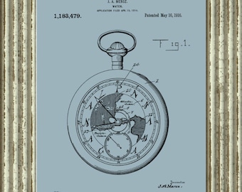 Patenttryck av vintage fickur från 1916 (digital nedladdning)