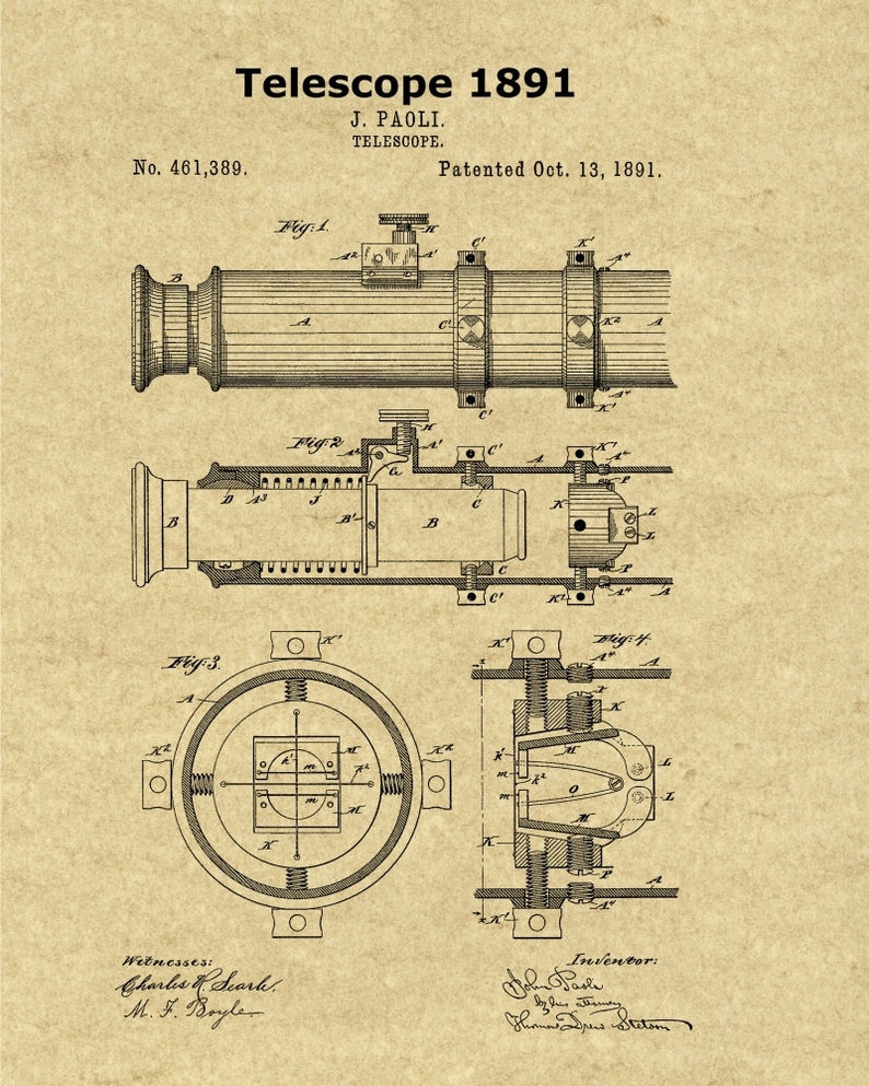 1891 Telescope Patent Print,Antique Telescope,Telescope Print,Telescope Blueprint,Telescope Wall Decor,Telescope Lens,Telescope Patent image 1