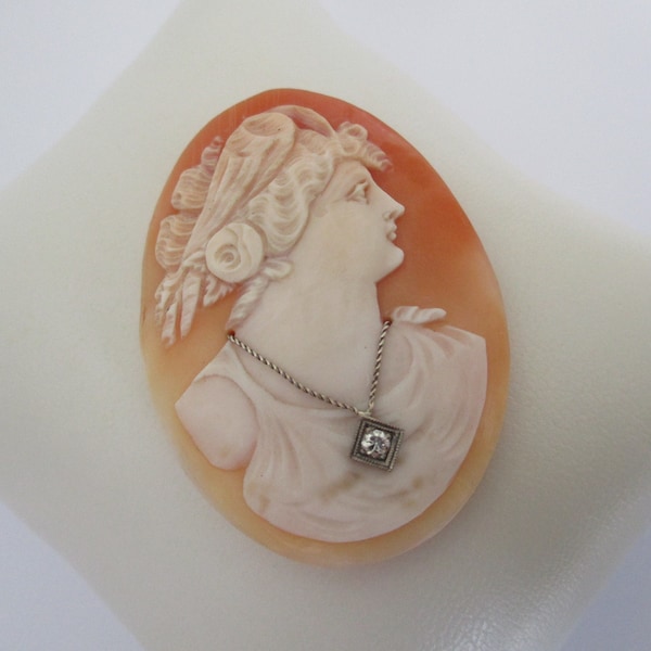 A Victorian or Edwardian antique Habille large approx. 2 inches UNMOUNTED cameo brooch panel with 0.06 carat genuine diamond