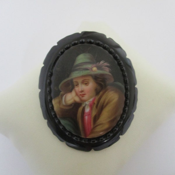 A Victorian antique Whitby Jet Tyrolean boy portrait or picture brooch approx. 60 x 48 mm