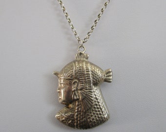 A Mid 20th Century hallmarked 800 real silver repousse vintage Egyptian pharaoh head pendant charm on sterling silver stamped 925 necklace