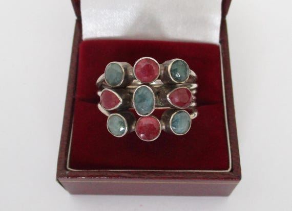 Sterling silver ruby and emerald ring wide and he… - image 1