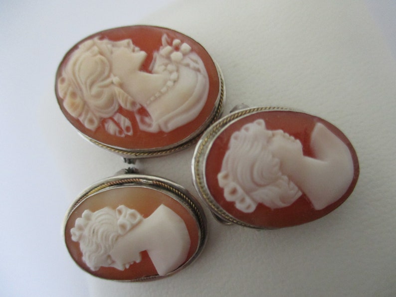 Three European 800 silver circa 1950/'s small vintage cameo brooch pin or pendant charm