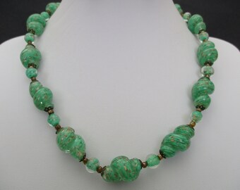An Art Deco era Czech glass necklace Czech green glass bead necklace Murano Aventurine & Copper bead necklace approx. 20 inches