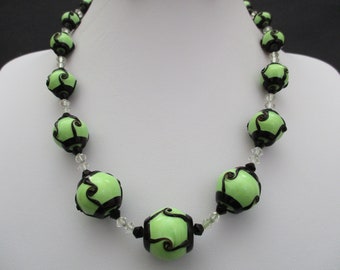 An Art Deco era green and black Czech glass necklace Czech glass bead necklace Wedding Cake Murano Glass bead necklace approx. 19 inches
