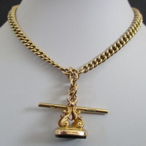 An antique 9 carat 9ct gold Albert pocket watch chain 56.45 grams with t bar and bloodstone fob approx. 15 inches if worn as a necklace