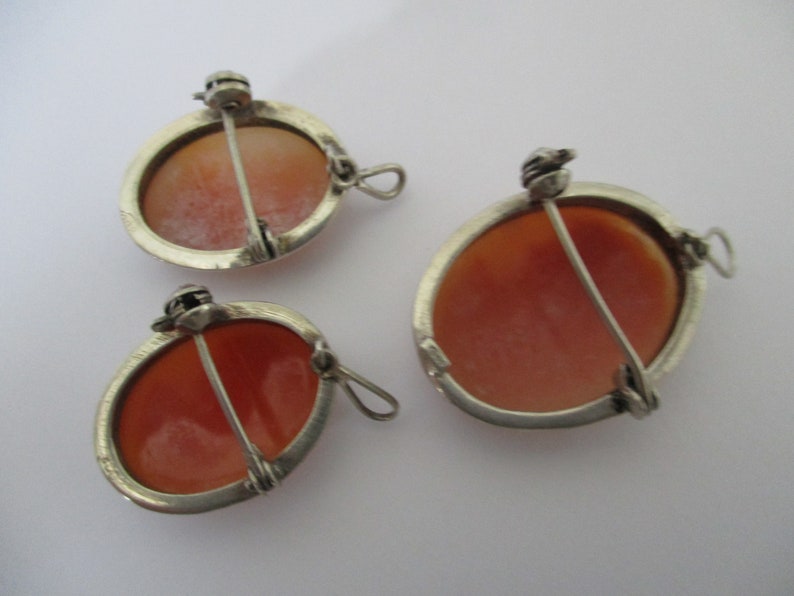 Three European 800 silver circa 1950/'s small vintage cameo brooch pin or pendant charm