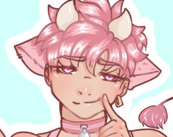 May include: A digital illustration of a character with pink hair, small horns, and cat ears, wearing a pink apron with a heart-shaped pocket and a pink choker with a silver bell. The character has a long tail and is touching their cheek.