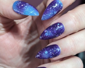 Purple Blue Glitter Thermal Colour Change False Nails