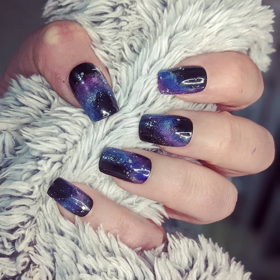 Purple Glitter Space Galaxy Press On Nails Fake Nails Glue On Nails  Reusable