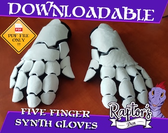 May include: A pair of white foam five-finger synth gloves, with a PDF file download available. The gloves are on a brown surface with a purple background that says "Downloadable". The text "Five Finger Synth Gloves" is at the bottom of the image, along with the text "Raptor's Den".