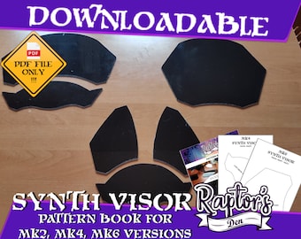 May include: A downloadable PDF pattern book for making a synth visor for a helmet. The pattern book includes instructions for making MK2, MK4, and MK6 versions of the visor. The image shows the pattern pieces laid out on a wooden surface.