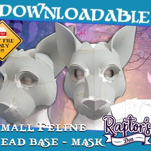 Może przedstawiać: Dwie szare, małe maski na głowę kota z dużymi uszami, przeznaczone do majsterkowania. Obraz zawiera tekst "DOWNLOADABLE" i "SMALL FELINE HEAD BASE - MASK". Obecna jest również ikona pliku PDF.