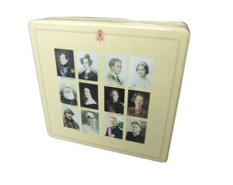 Famille royale de Belgique 6 couples de Rois et reines / Boîte publicitaire à biscuit de collection officiel Delacre en fer blanc  2007