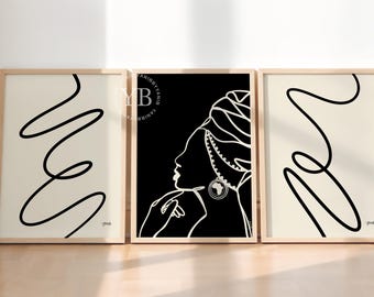 Art africain en téléchargement numérique, art mural afrocentrique femme noire, lot de 3, beige neutre et noir imprimable, 16 x 20