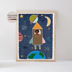 Lámina artística de niño negro pequeño, decoración de pared para dormitorio y sala de juegos con temática espacial, arte afro, arte infantil afroamericano, regalo para hijo