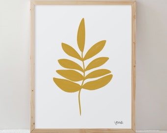 Minimalistic Botanical Leaf Wall Art Print, Abstract Art for Living Room Bedroom Kitchen or Bathroom, Yellow Plant Art Painting, UNFRAMED