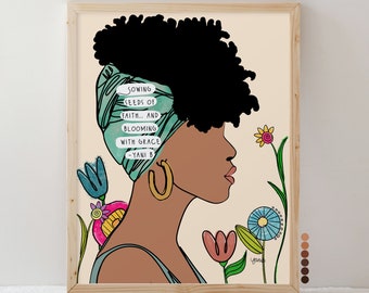 Black Woman Inspirational Wall Art Print, Blooming with Grace, African American Wall Decor, Black Girl Magic, Personalized Gift