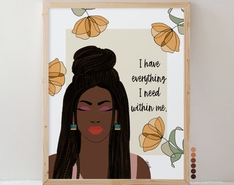 Inspirational Black Woman Portrait Art Print, Self Love Affirmation Quote, African American Art, Black Girl Wall Decor, Personalized Gift