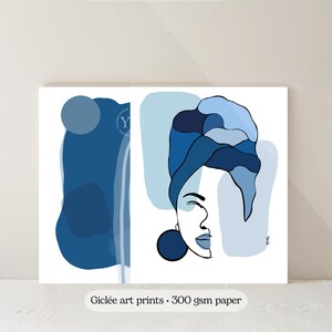 The image is a digital illustration featuring a stylized portrait of a woman with a turban, set against a background of abstract blue shapes.
