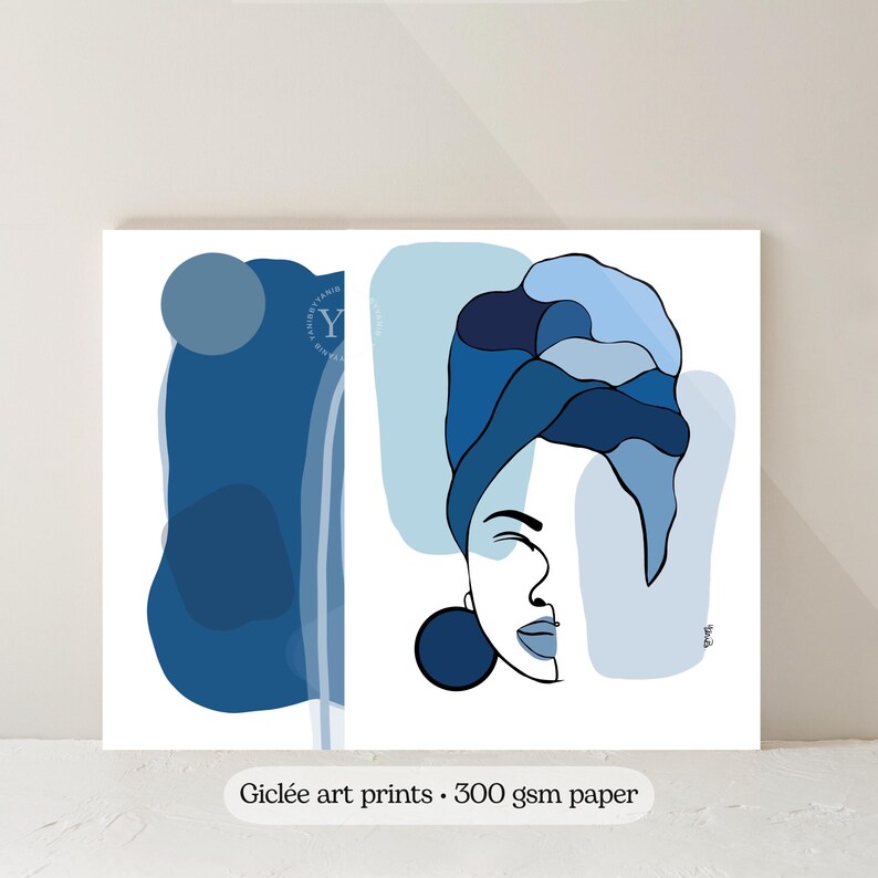 The image is a digital illustration featuring a stylized portrait of a woman with a turban, set against a background of abstract blue shapes.